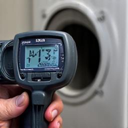 Technician measuring airflow from a dryer vent using an anemometer