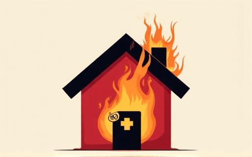 Graphic depicting a house fire warning with flames and a no-smoking symbol