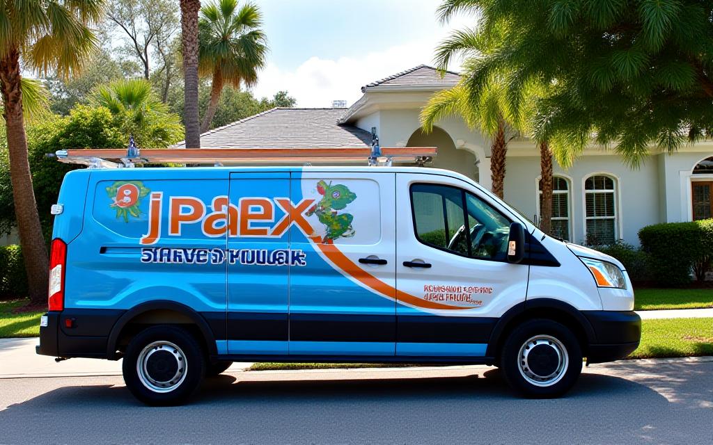 J-Pex branded service vehicle parked in a sunny Miami residential neighborhood