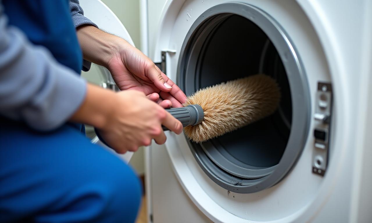 Professional technician using rotary brush tool to clean residential dryer vent